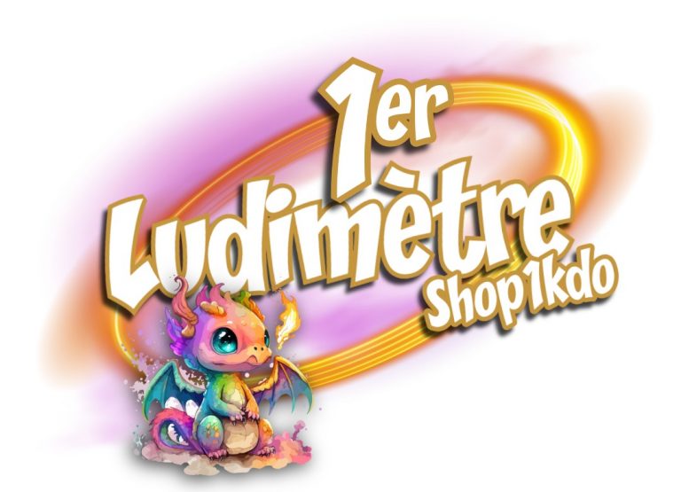 Logo « 1er Ludimètre Shop1kdo » avec la mascotte dragon multicolore