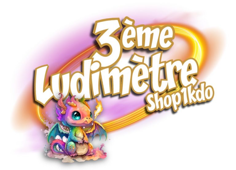 Visuel du 3e Ludimètre Shop1kdo avec un dragon multicolore, sur fond de spirale orange et violette