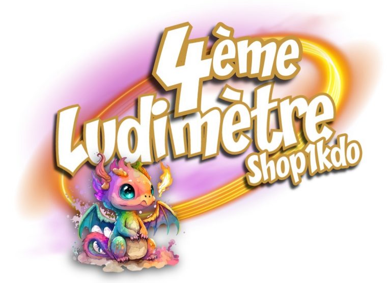 Logo du 4ème Ludimètre Shop1kdo, avec mascotte dragon multicolore