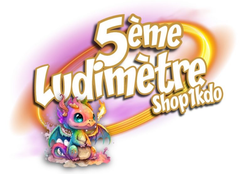 Logo du 5ème Ludimètre Shop1kdo, avec mascotte dragon multicolore