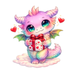 Illustration kawaii d'un bébé dragon pastel ailé tenant un cadeau à cœurs, motif Saint-Valentin personnalisable