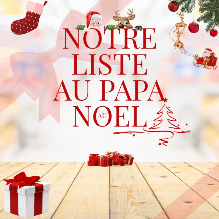 Visuel Instagram Shop1kdo « Notre liste au Papa Noël », décor de cadeaux et traîneau du Père Noël