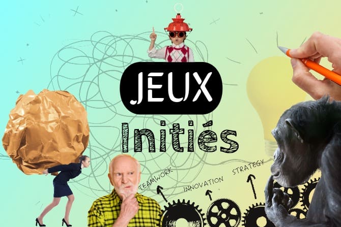 Bannière "Jeux Initiés" : engrenages avec les mots Teamwork, Innovation et Strategy, chimpanzé pensif et boule de papier froissé