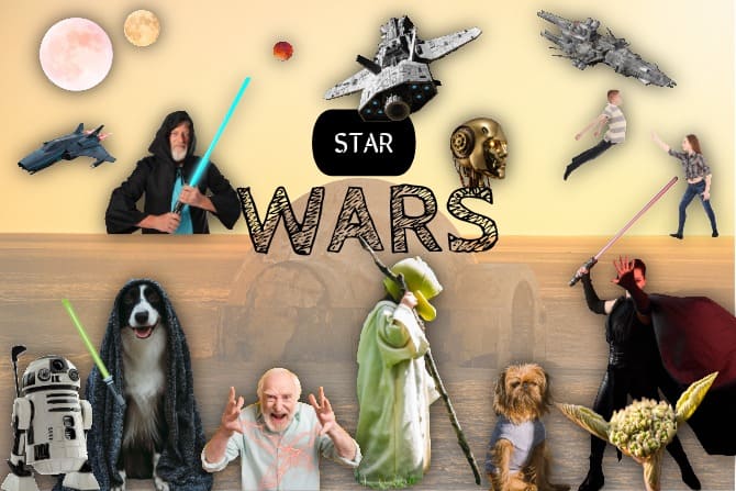 Bannière "Star Wars" : Jedi au sabre laser, vaisseaux impériaux, tête de C-3PO, Yoda et chiens costumés en Chewbacca
