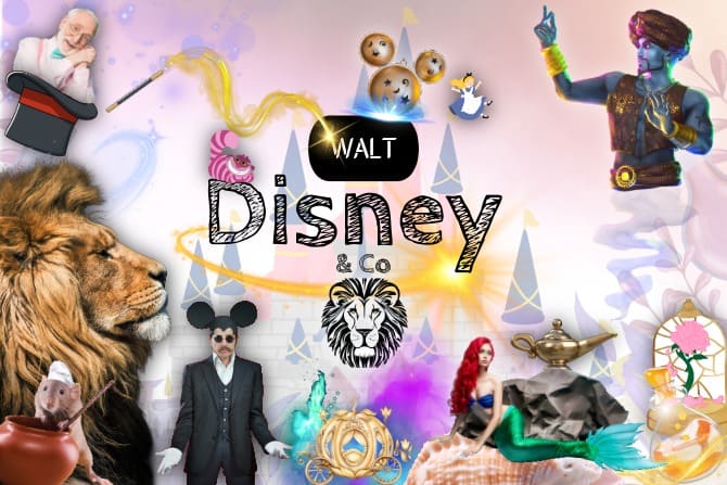 Bannière "Walt Disney & Co" : silhouette du Roi Lion, tête de Mickey, carrosse de princesse, Ariel la Petite Sirène, lampe d'Aladdin et rose enchantée